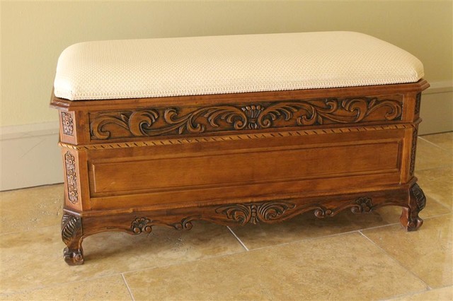 Hand Carved Wood Storage Bench with Cushion