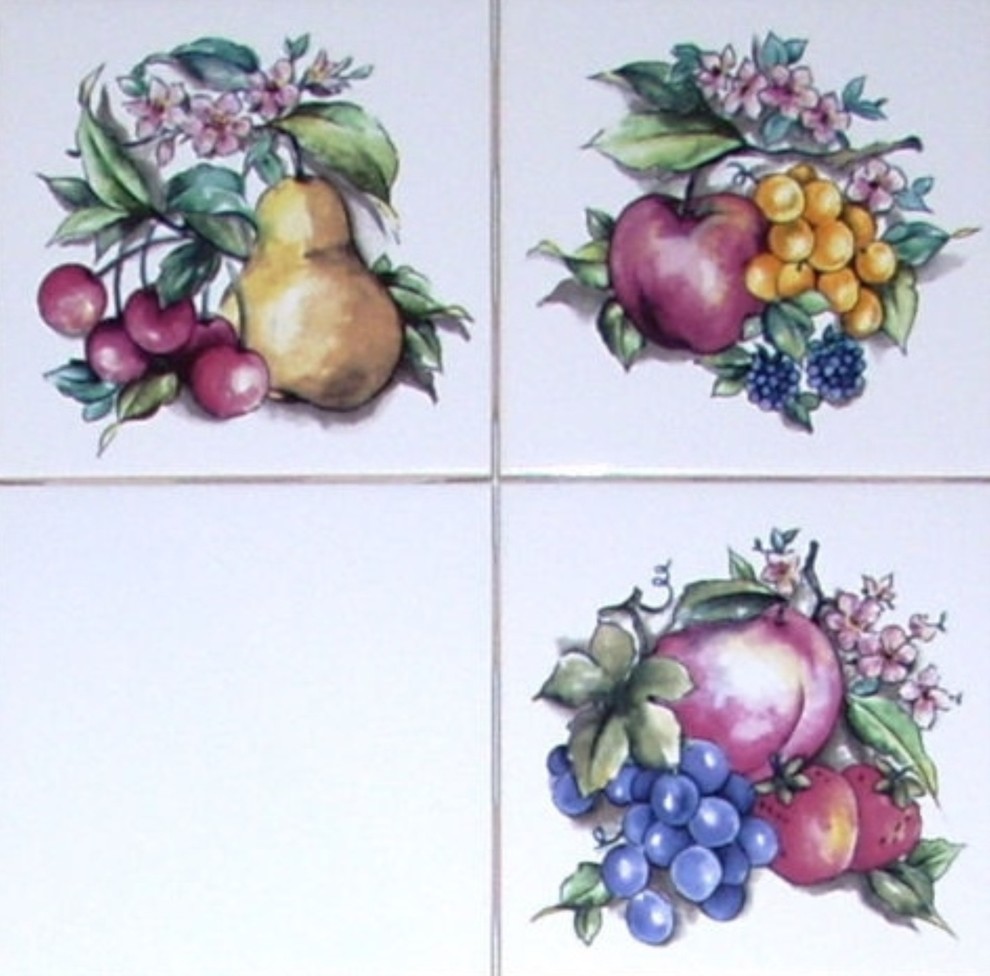 Fruit Ceramic Tile Mural 6pc 4.25" x 4.25" Kiln Fired Decor Peach Pear Grapes 