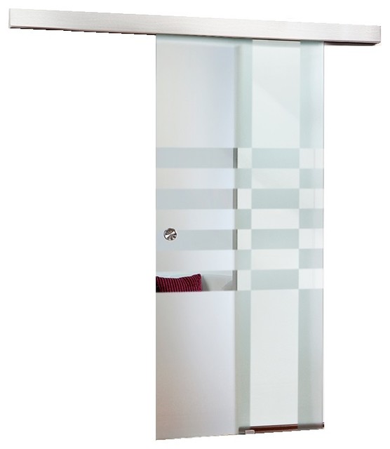Frosted Glass Sliding Barn Door With Lines Design Semi Private