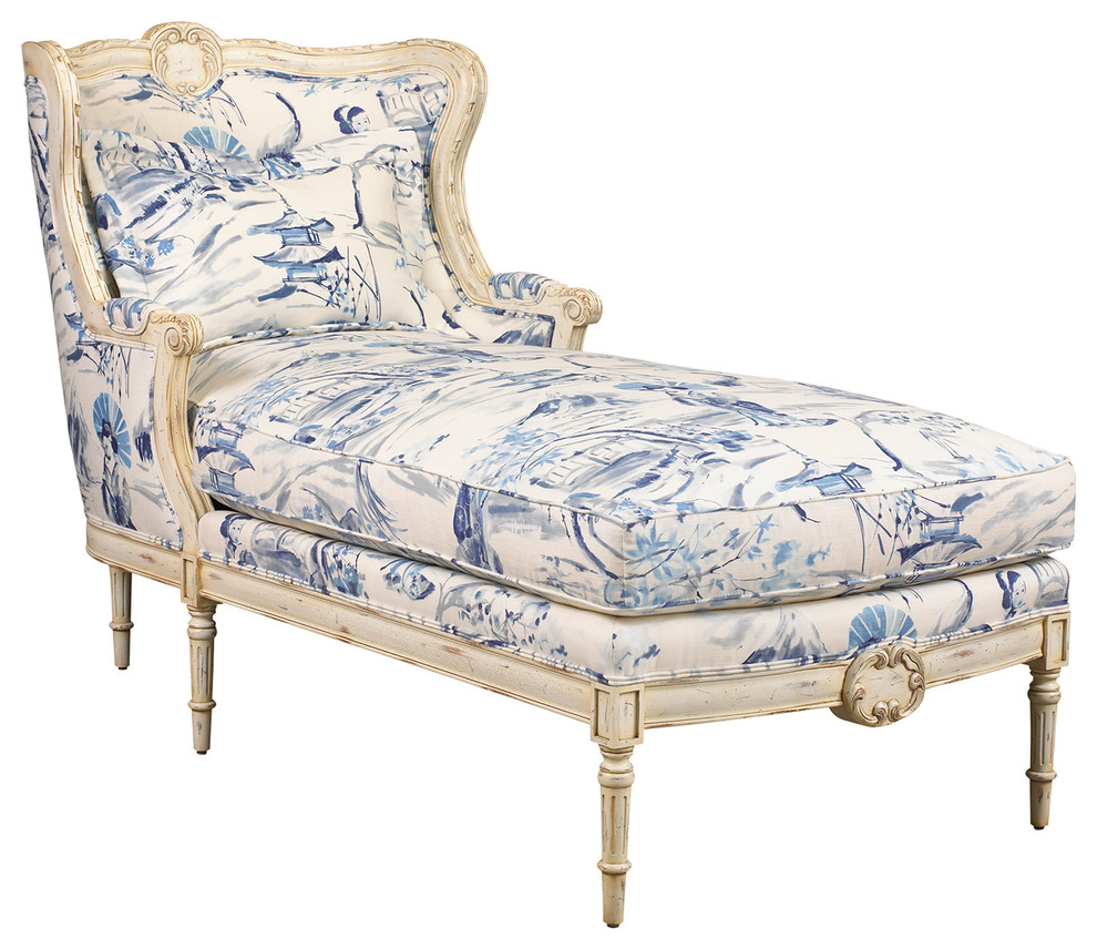 Bayonne French Country Blue Geisha Upholstered Chaise Lounge