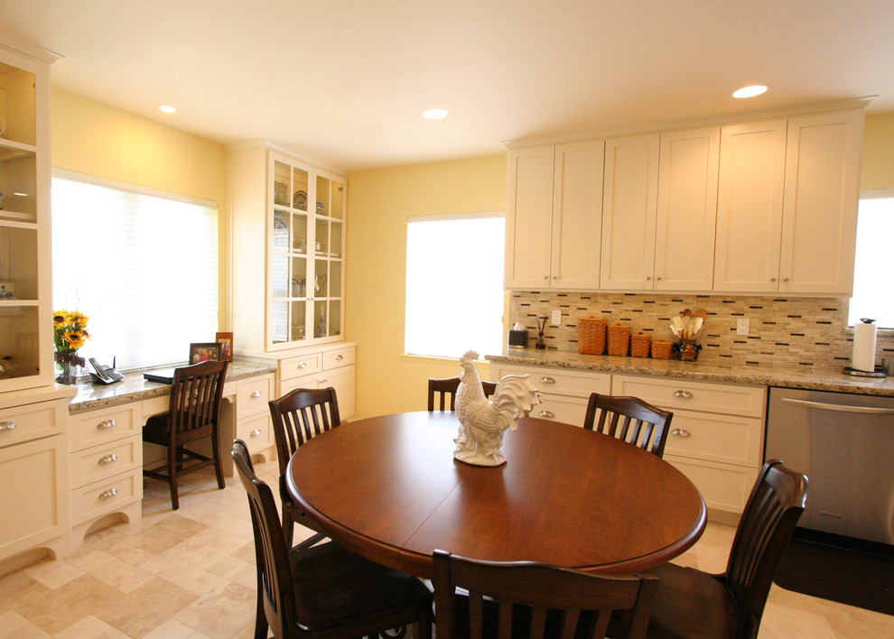 Mid-sized transitional single-wall ceramic tile eat-in kitchen photo with an undermount sink, shaker cabinets, white cabinets, granite countertops, beige backsplash, stone tile backsplash, stainless steel appliances and no island