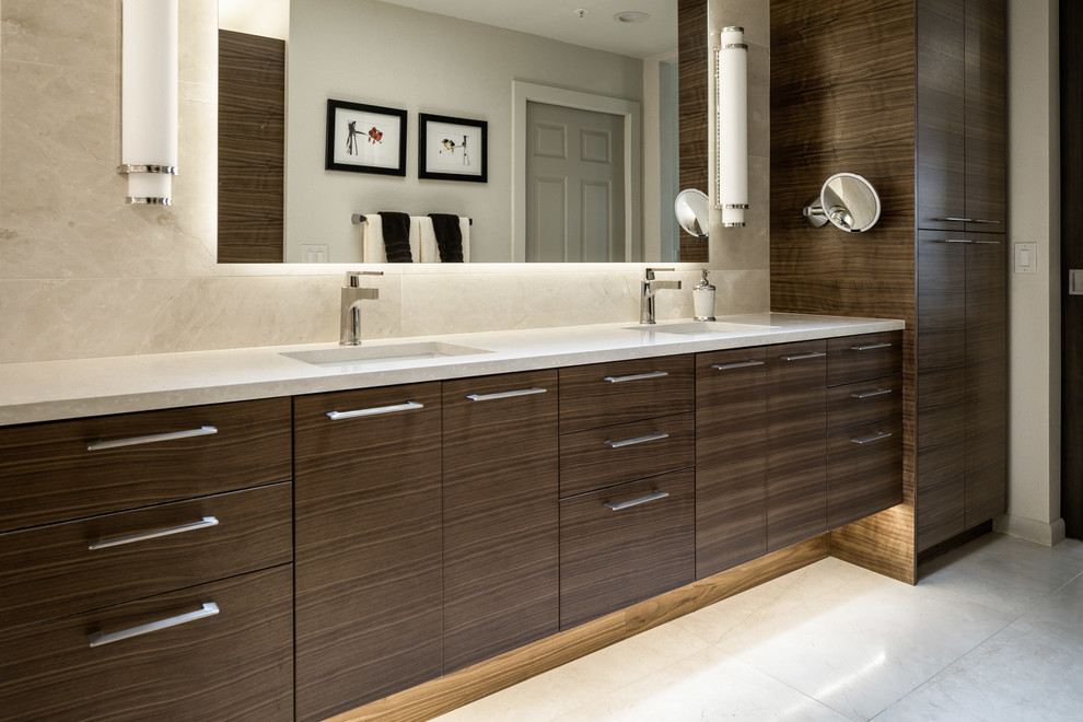 Inspiration for a mid-sized contemporary master bathroom in Phoenix with flat-panel cabinets, medium wood cabinets, beige tile, porcelain tile, engineered quartz benchtops and beige benchtops.