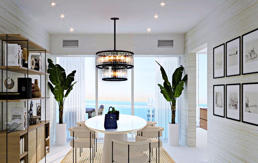 Стильный дизайн: большая гостиная-столовая в стиле неоклассика (современная классика) с серебряными стенами, полом из керамогранита, белым полом и обоями на стенах - последний тренд