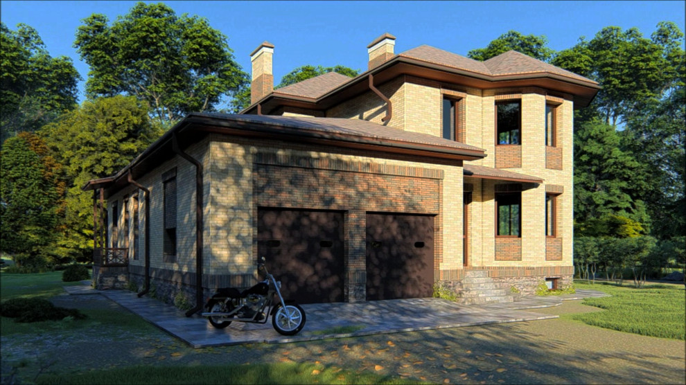 Проект двухэтажного дома с гаражом на два автомобиля и цоколем