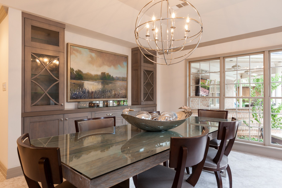 Example of a large transitional limestone floor kitchen/dining room combo design in Houston with white walls and no fireplace