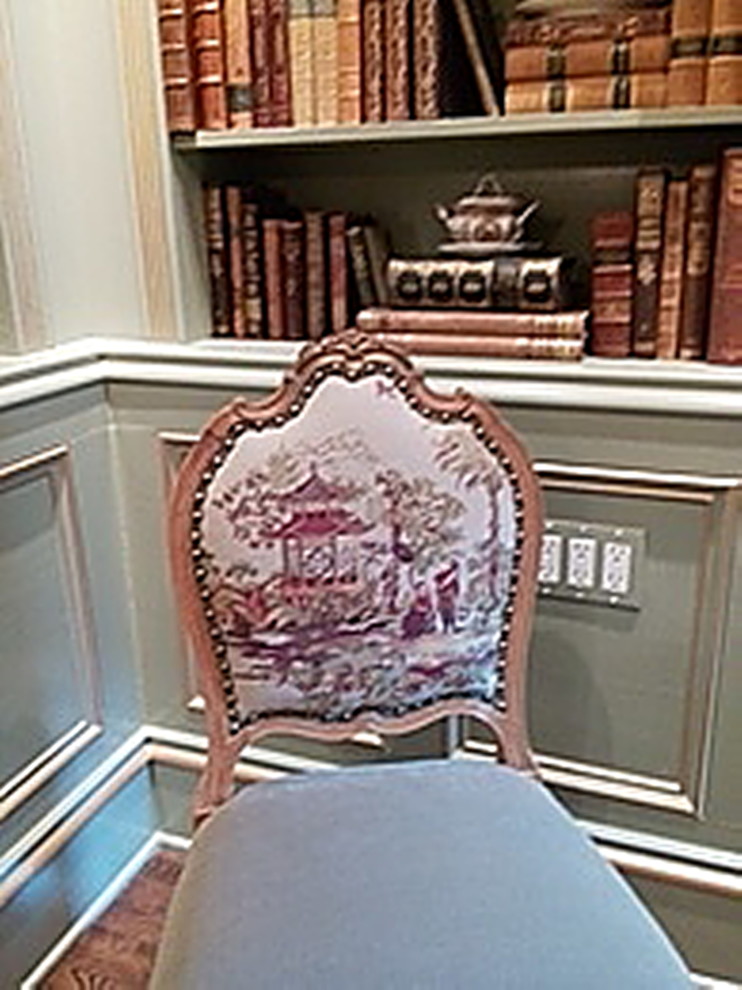 Mid-sized eclectic freestanding desk dark wood floor home design photo in Chicago with green walls and no fireplace
