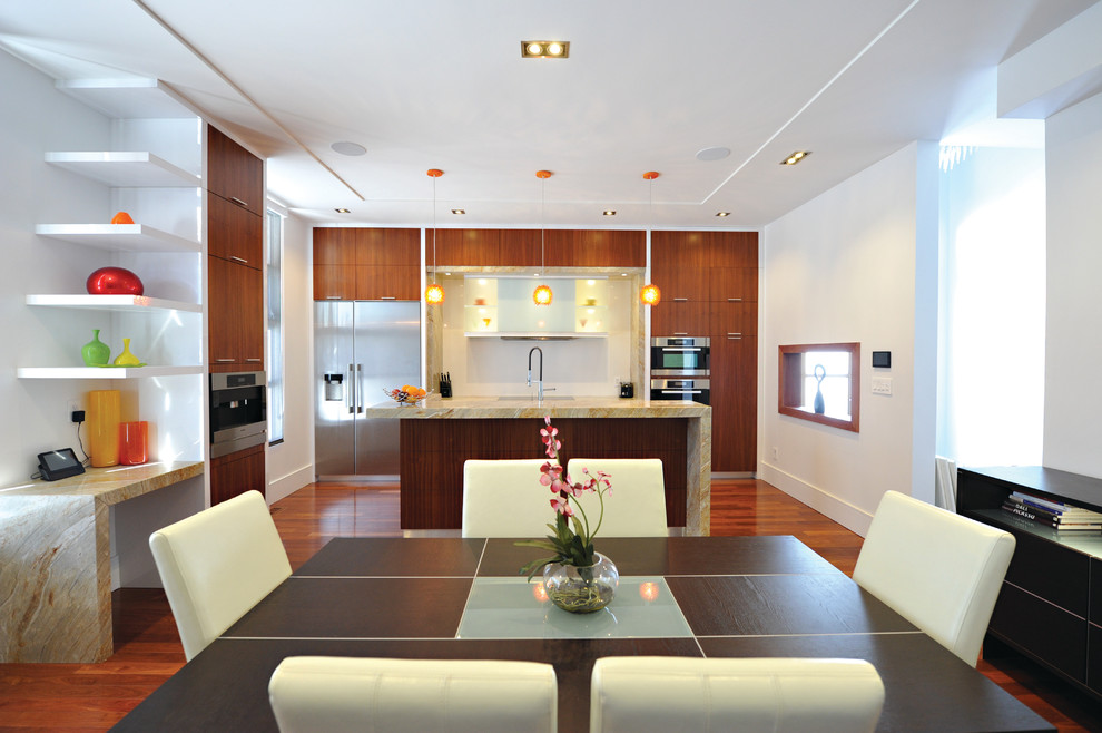 Eat-in kitchen - mid-sized transitional single-wall medium tone wood floor eat-in kitchen idea in Toronto with a double-bowl sink, flat-panel cabinets, medium tone wood cabinets, granite countertops, multicolored backsplash, stone slab backsplash, stainless steel appliances and an island