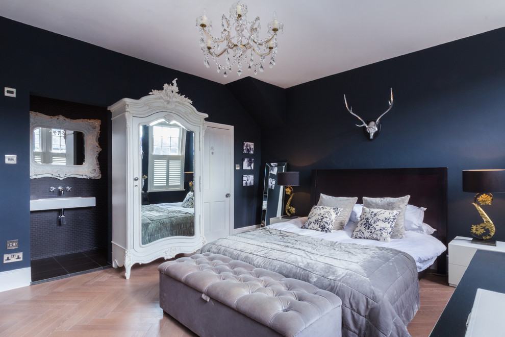 Eclectic master bedroom in London.