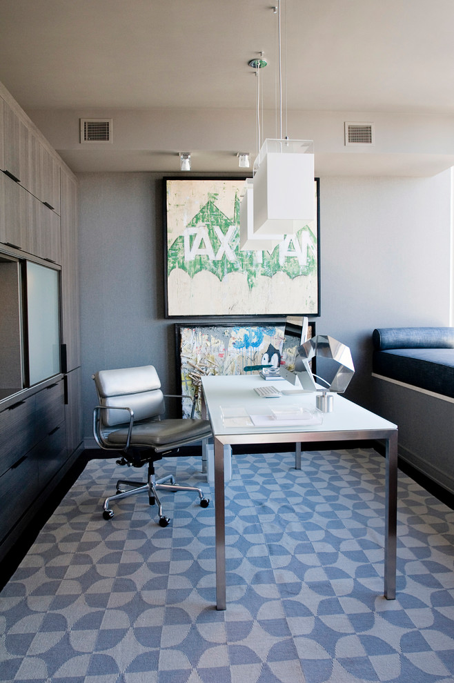 Trendy freestanding desk home office photo in San Francisco with gray walls