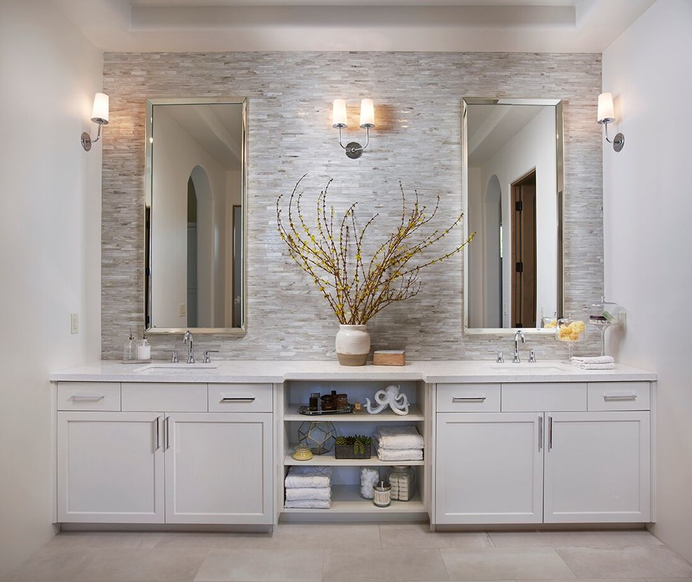 Large transitional master gray tile and matchstick tile porcelain tile and beige floor bathroom photo in Phoenix with shaker cabinets, white cabinets, white walls, an undermount sink and quartz countertops