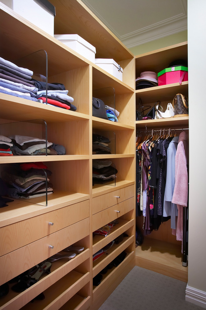 Photo of a traditional walk-in wardrobe in Perth with light wood cabinets, carpet and grey floor.