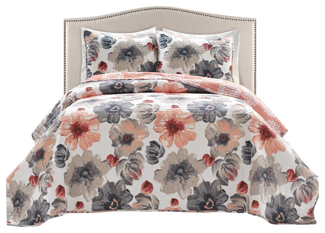 Leah Quilt Coral/Gray 3Pc Set Full/Queen - Contemporary - Quilts And ...