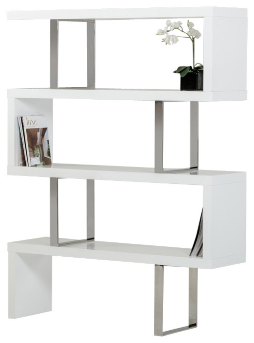 Modrest Maze Modern High Gloss Bookcase, Mayview Five Shelf Standard Bookcase White Gloss