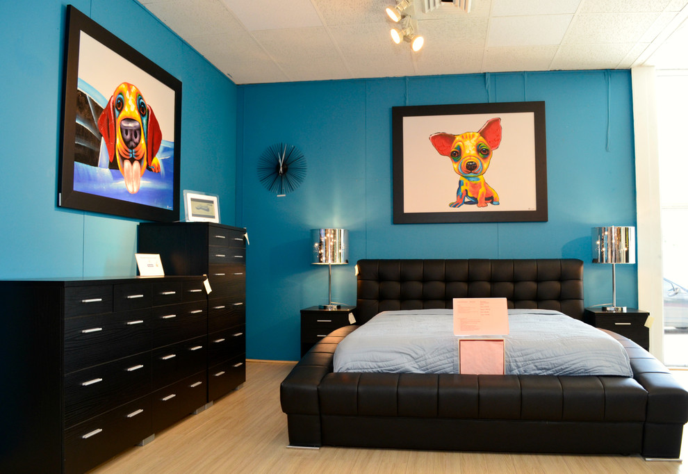Trendy bedroom photo in Other with blue walls