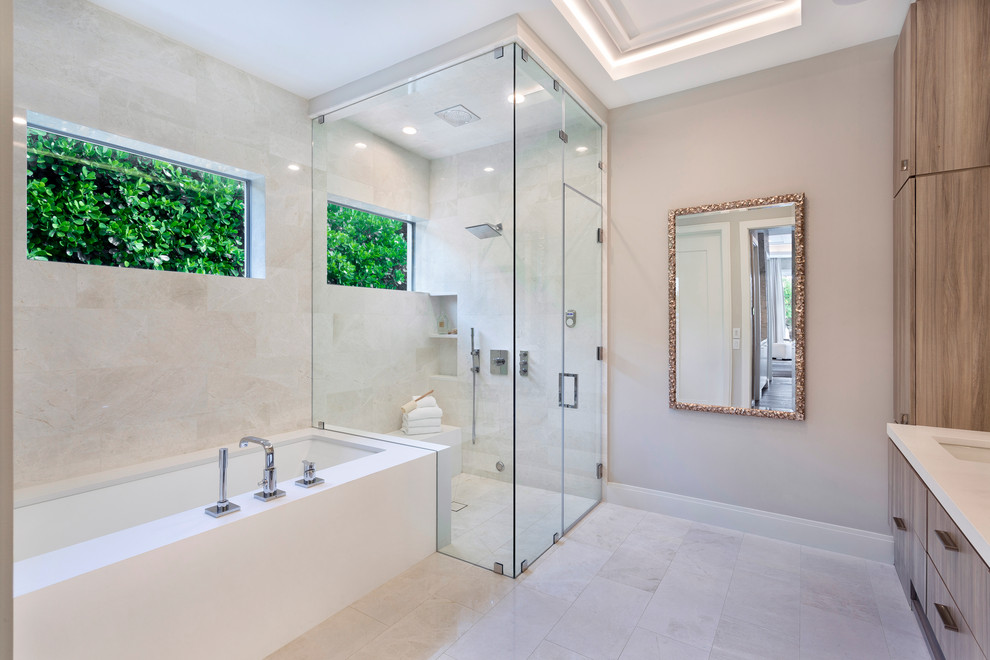 Mid-sized contemporary bathroom in Other with dark wood cabinets, an undermount tub, a corner shower, beige tile, ceramic tile, ceramic floors, an undermount sink, beige floor, a hinged shower door and white benchtops.