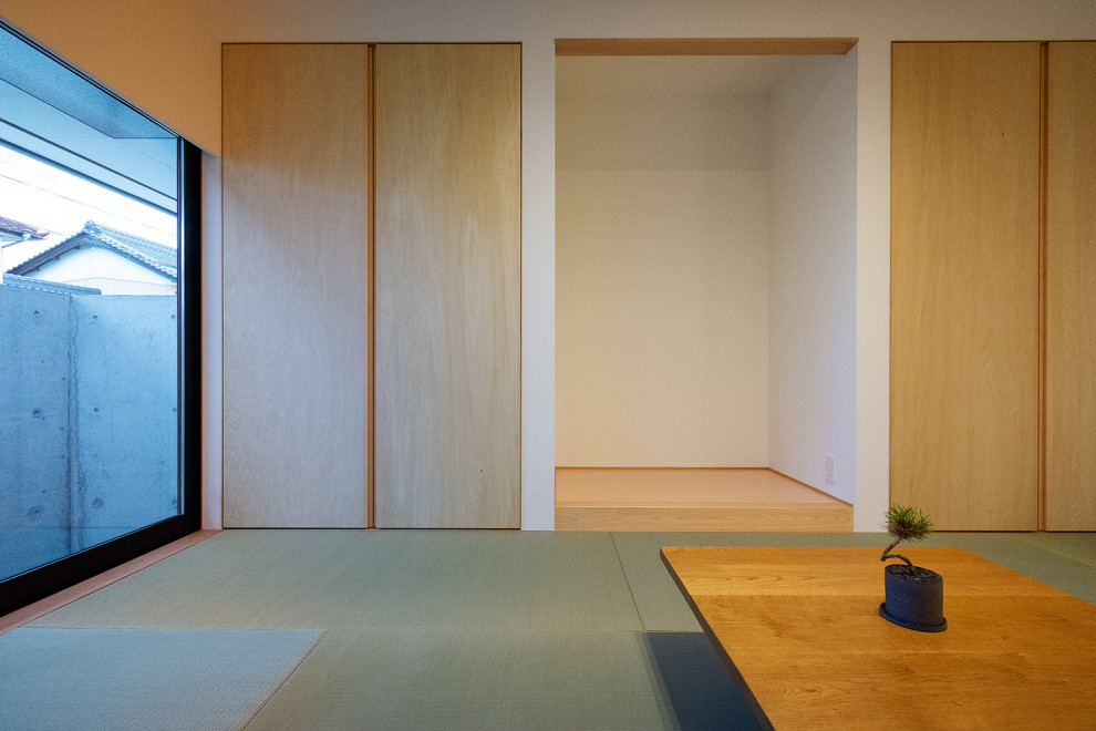 Immagine di un soggiorno di medie dimensioni e chiuso con pareti bianche, pavimento in tatami, nessun camino, nessuna TV, pavimento verde, soffitto in carta da parati e carta da parati