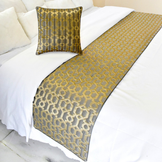 Gold Jacquard CA King 86"x18" Bed Runner With Pillow Cover - Aurelia Latticegold