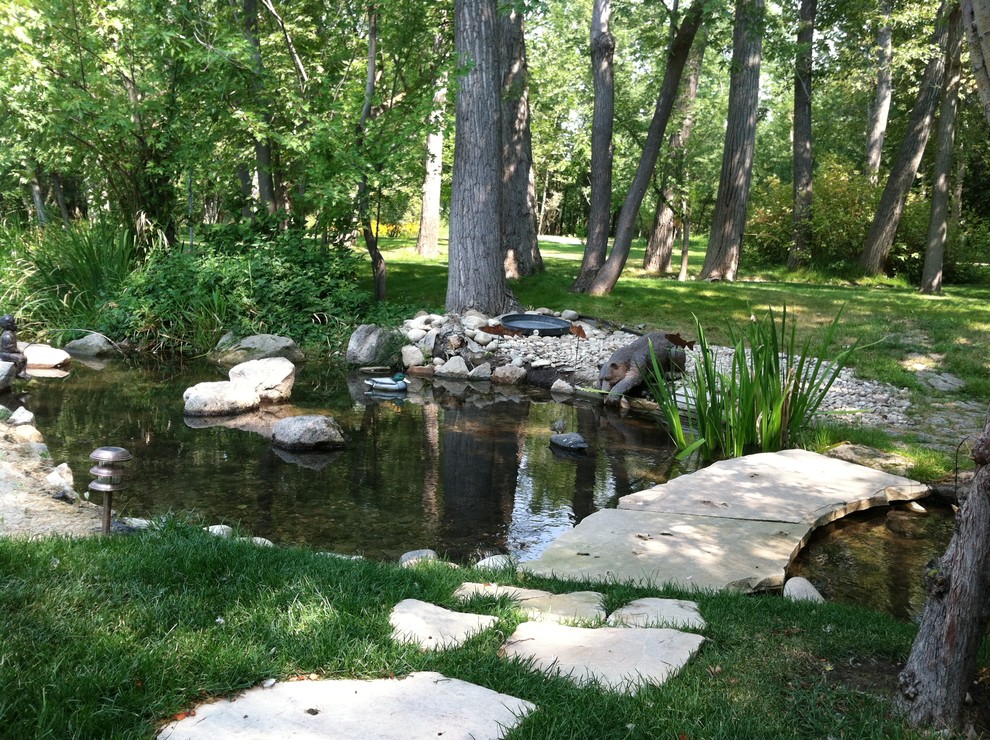 Photo of a huge rustic backyard stone pond in Boise.