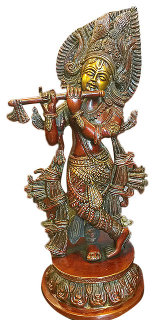 Hindu Idol Krishna Brass Statue Figurine Red Patina Sculpture 13 Inch