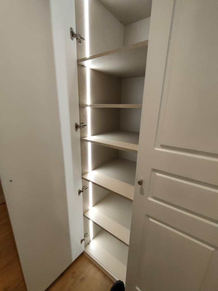 Modelo de armario vestidor tradicional renovado de tamaño medio con armarios con paneles con relieve, puertas de armario blancas, suelo de madera en tonos medios y suelo marrón