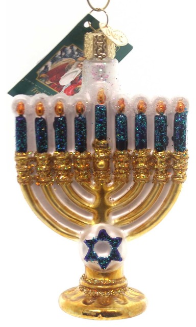 One Hundred Eighty Blue Candle Glass Menorah Old World Style Holiday Ornament 