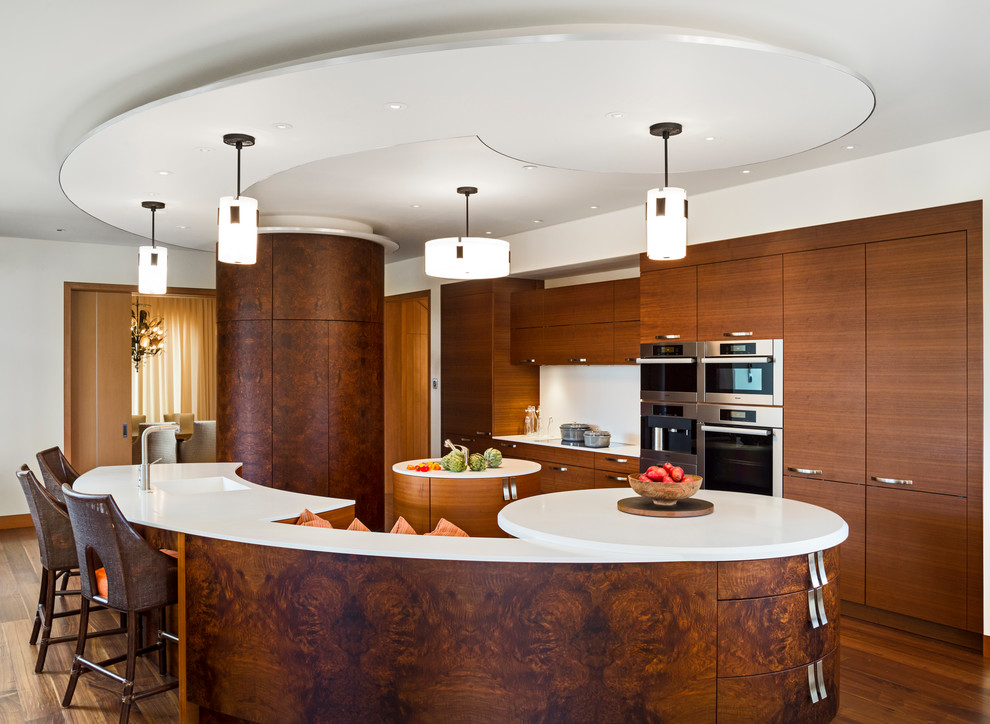 Design ideas for a contemporary kitchen in Other with flat-panel cabinets and dark wood cabinets.