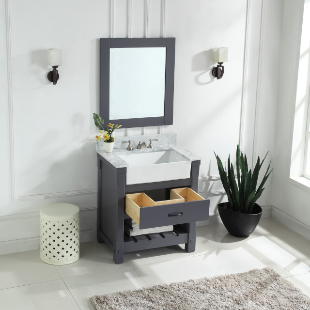 30" Charcoal Grey Bathroom Vanity Cabinet Set Marble Top and Sink, With ...
