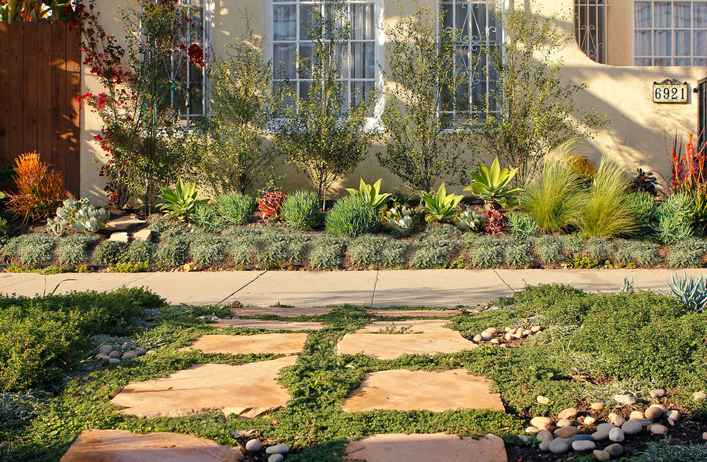 This is an example of a mid-sized contemporary front yard full sun xeriscape in Los Angeles with natural stone pavers.