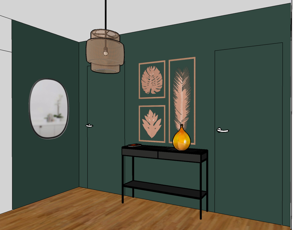 This is an example of a mid-sized modern foyer in Paris with green walls, laminate floors, a single front door, a green front door and brown floor.