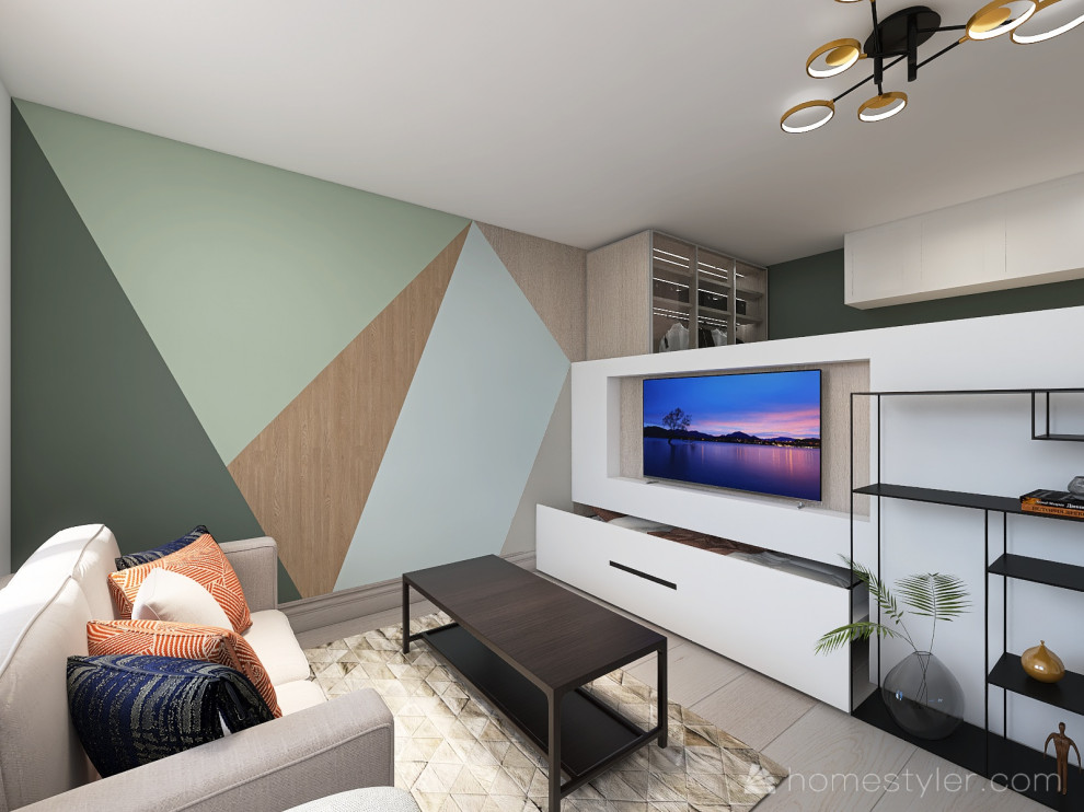Idée de décoration pour une salle de séjour minimaliste en bois de taille moyenne et ouverte avec un mur multicolore, parquet clair, un téléviseur encastré, un sol beige et éclairage.