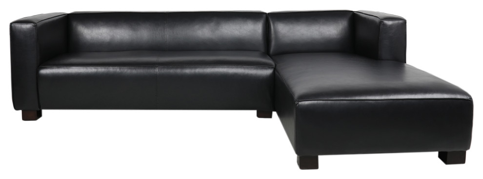 Minkler Contemporary Faux Leather 3 Seater Sofa With Chaise Lounge, Midnight/Dark Walnut