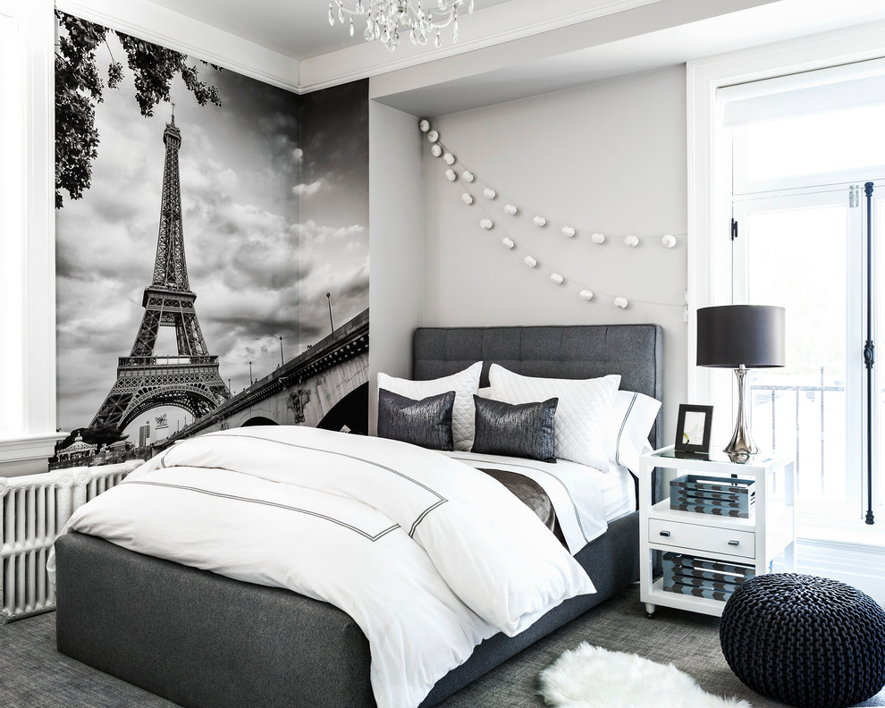 Inspiration for a mid-sized contemporary kids' room for girls in Montreal with grey walls, carpet and grey floor.