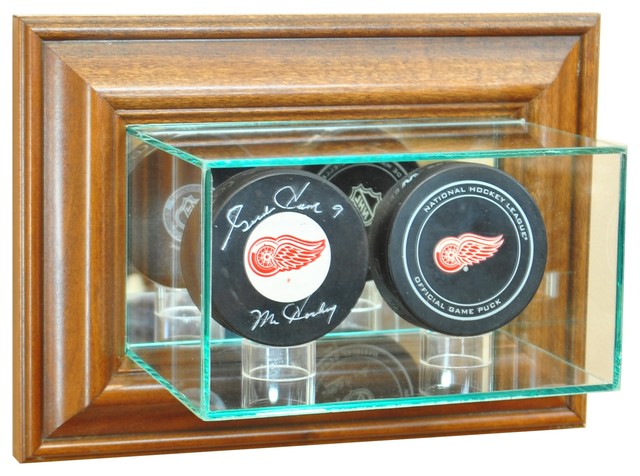 Wall Mounted Double Puck Display Case, Walnut