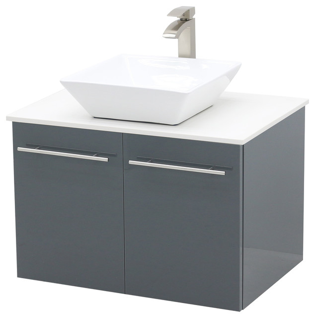 30" Wall Mount Vanity, White Stone Countertop Modern Bathroom