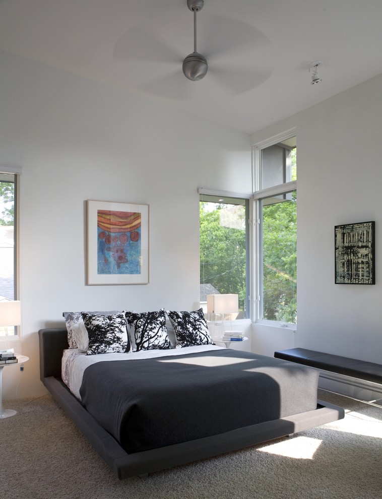Photo of a modern bedroom in Austin with white walls and carpet.