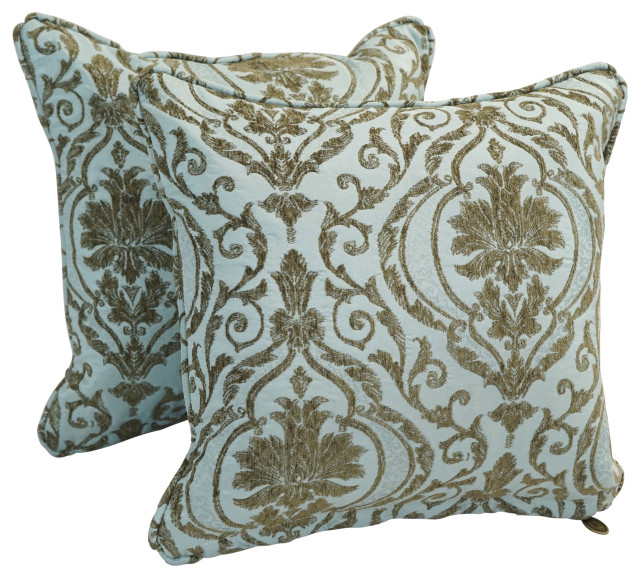18" DoubleCorded Jacquard Chenille Square Throw Pillows, Set of 2, Blue Damask Traditional