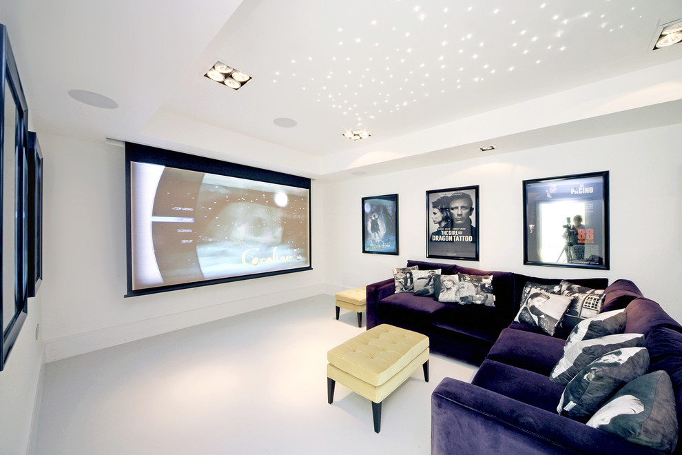 Photo of a contemporary home theatre in London with white floor.