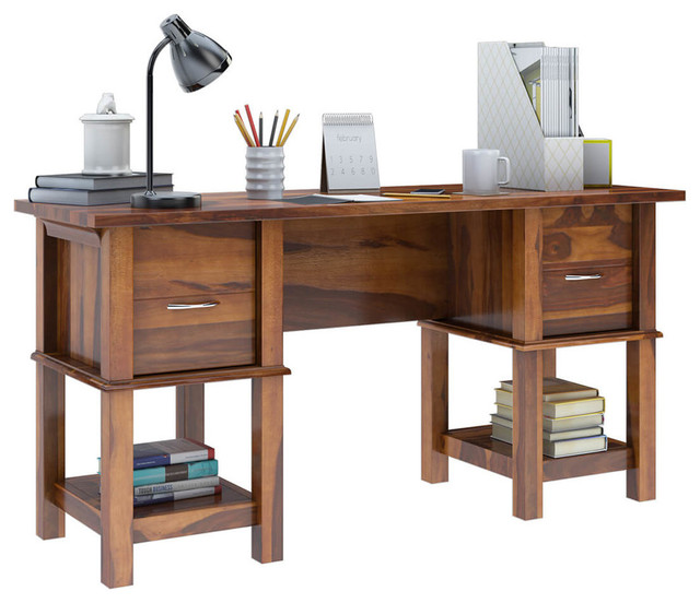 Burnettsville Rustic Solid Wood Writing Desk With File Cabinets