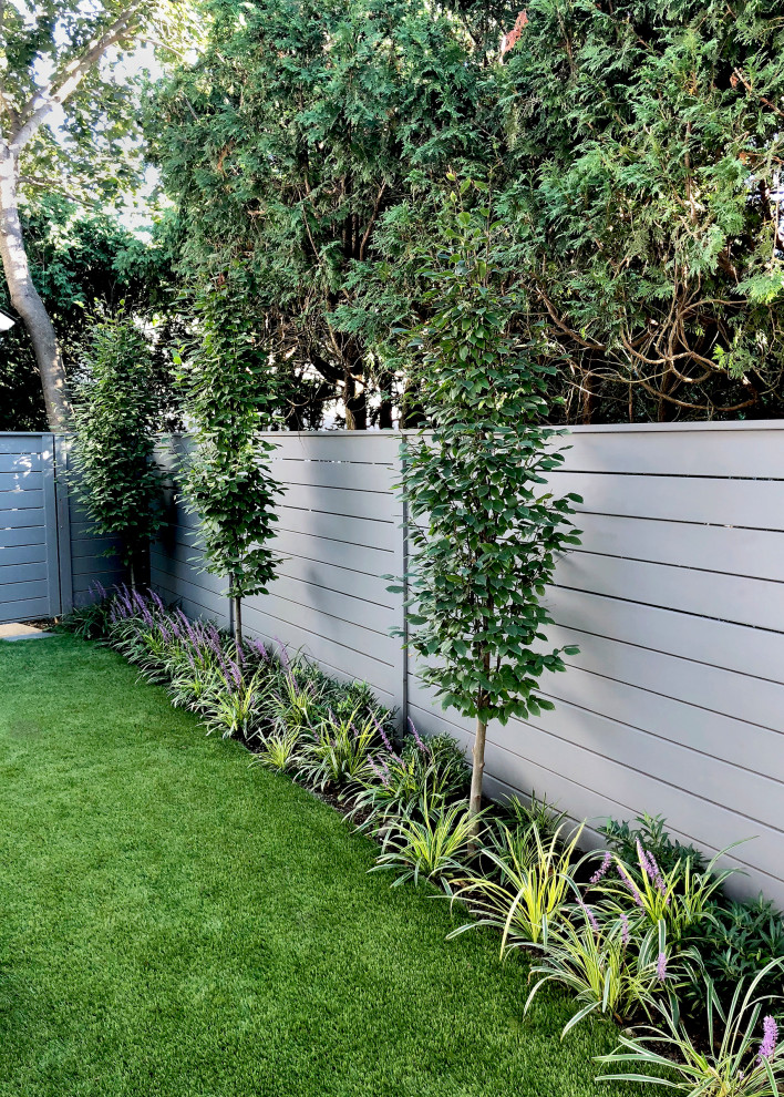 Inspiration for a small contemporary privacy and full sun backyard landscaping in New York.