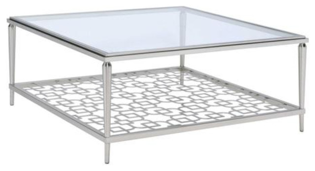 Metal Frame Coffee Table With Glass Top And Geometric Shelf Silver Clear Contemporary Tables By Virventures Houzz Metal Frame Coffee Table With Glass Top, Cairns Square Mirrored Coffee Table Silver