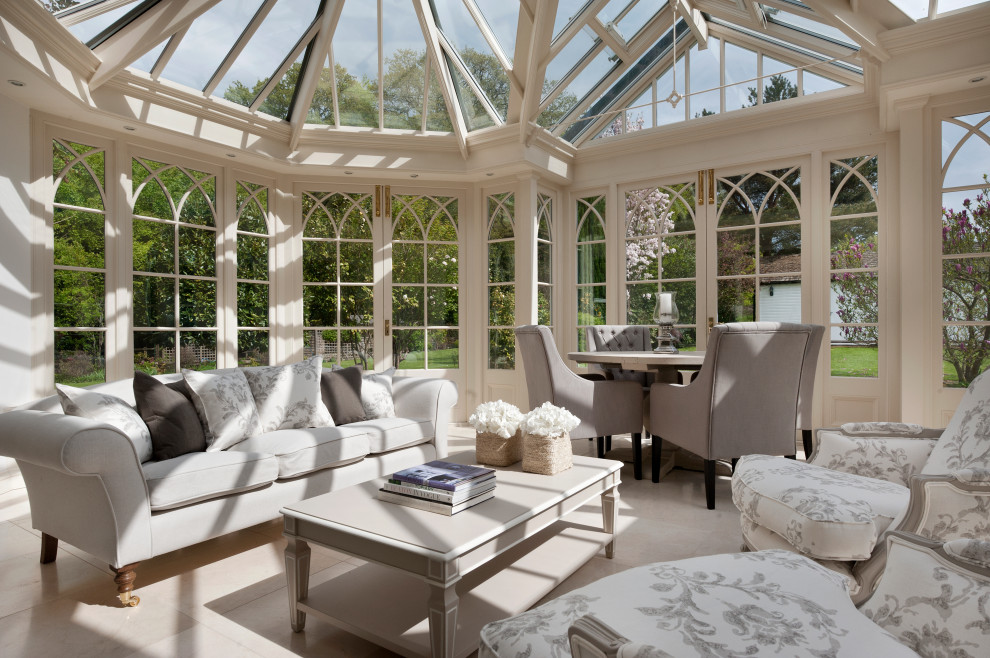 Design ideas for a large classic conservatory in Surrey with travertine flooring and beige floors.