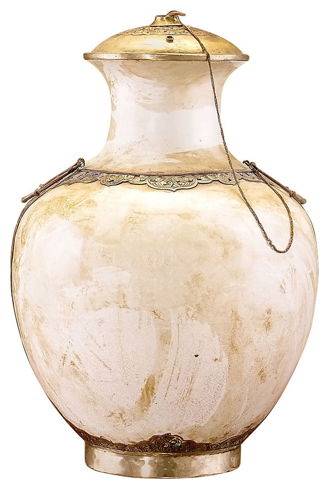 Greige Urn with Carved Stone Lid and Base