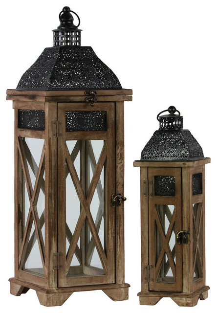 2 Piece Wood Square Lantern With Black Pierced Metal Top Set Dark Brown Mediterranean Candleholders By Gwg Outlet