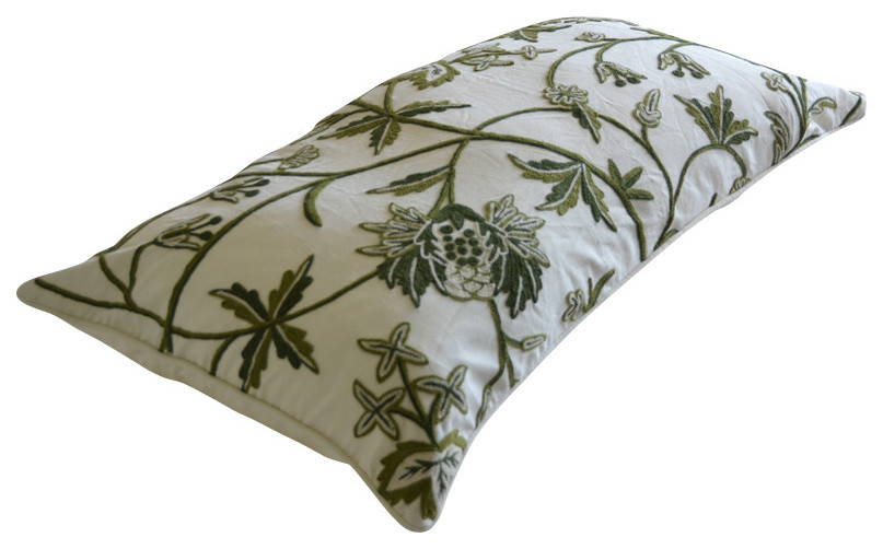 Crewel Pillow Sham Leaves Green on White Cotton King Sham