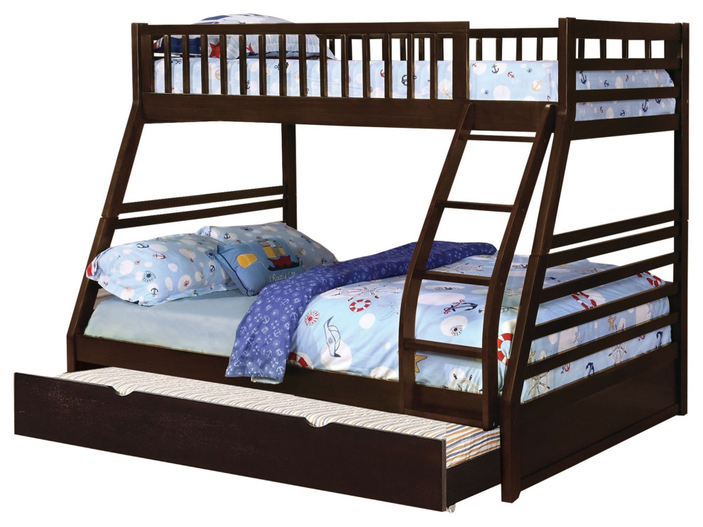 Wooden Twin Over Full Bunk Bed With Attached Trundle, Espresso Brown Transitional Bunk Beds