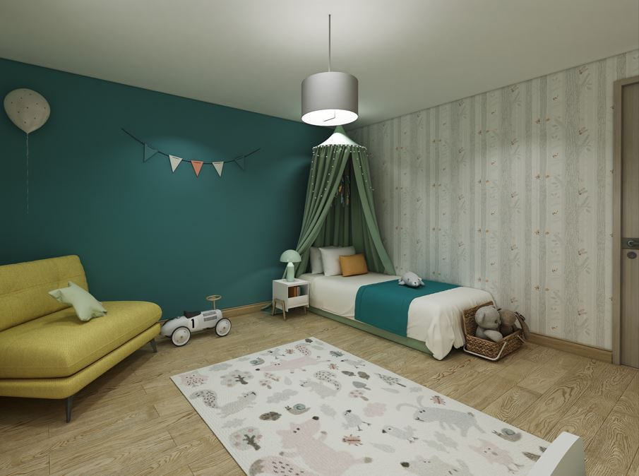 Aménagement d'une grande chambre d'enfant de 4 à 10 ans scandinave avec un mur bleu, parquet clair, du papier peint et un sol beige.