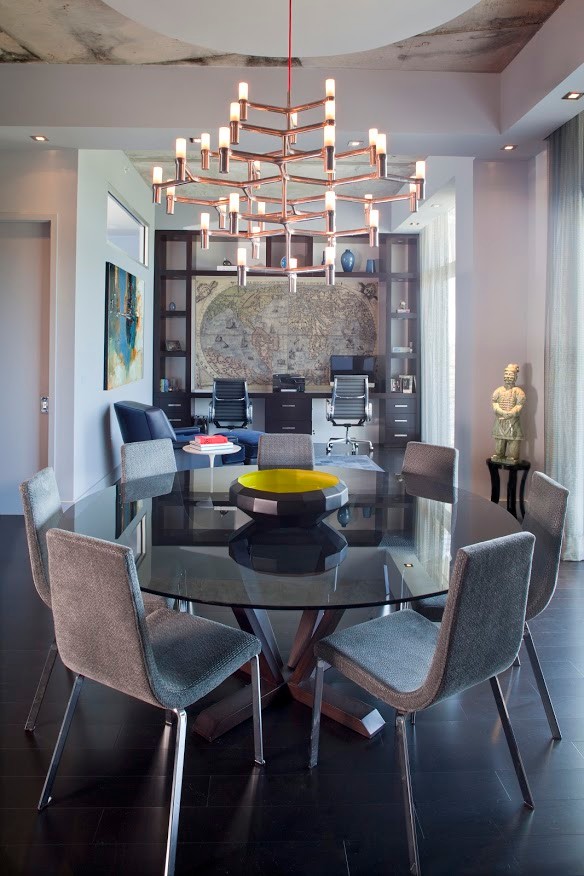 Mid-sized contemporary open plan dining in New York with grey walls and dark hardwood floors.