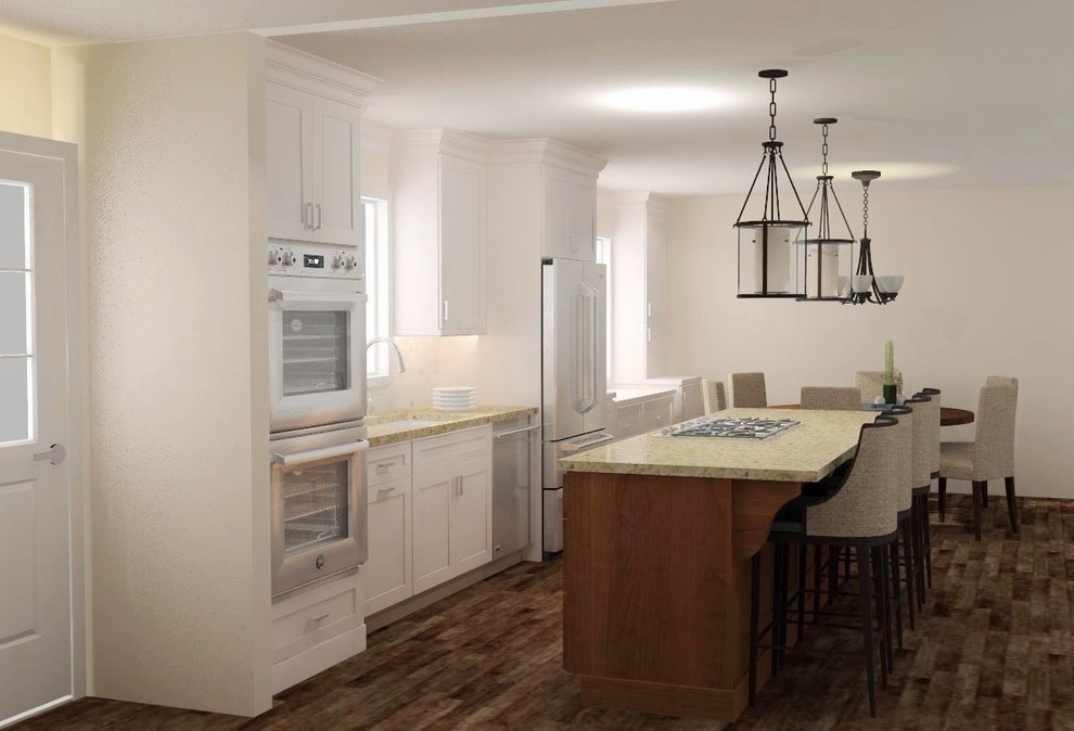 Inspiration for a mid-sized transitional single-wall dark wood floor and brown floor eat-in kitchen remodel in Minneapolis with an undermount sink, recessed-panel cabinets, white cabinets, quartz countertops, white backsplash, marble backsplash, stainless steel appliances and an island