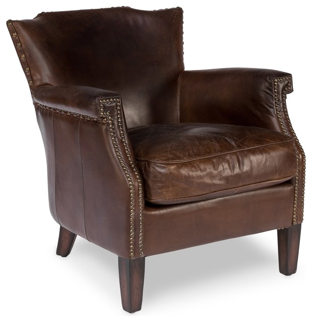 33 Wide Leather Arm Chair Vintage Cigar Brown Solid Wood Frame Brass Nail Trim