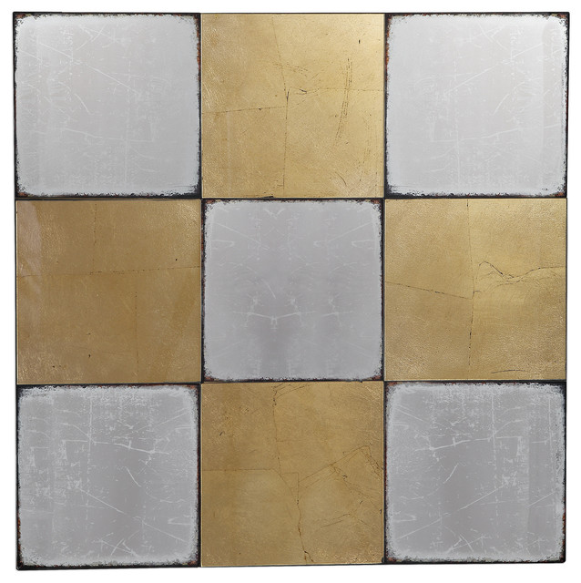 Modern Squares Silver Gold Mirrored Wall Art Checkerboard Mid Century Metallic